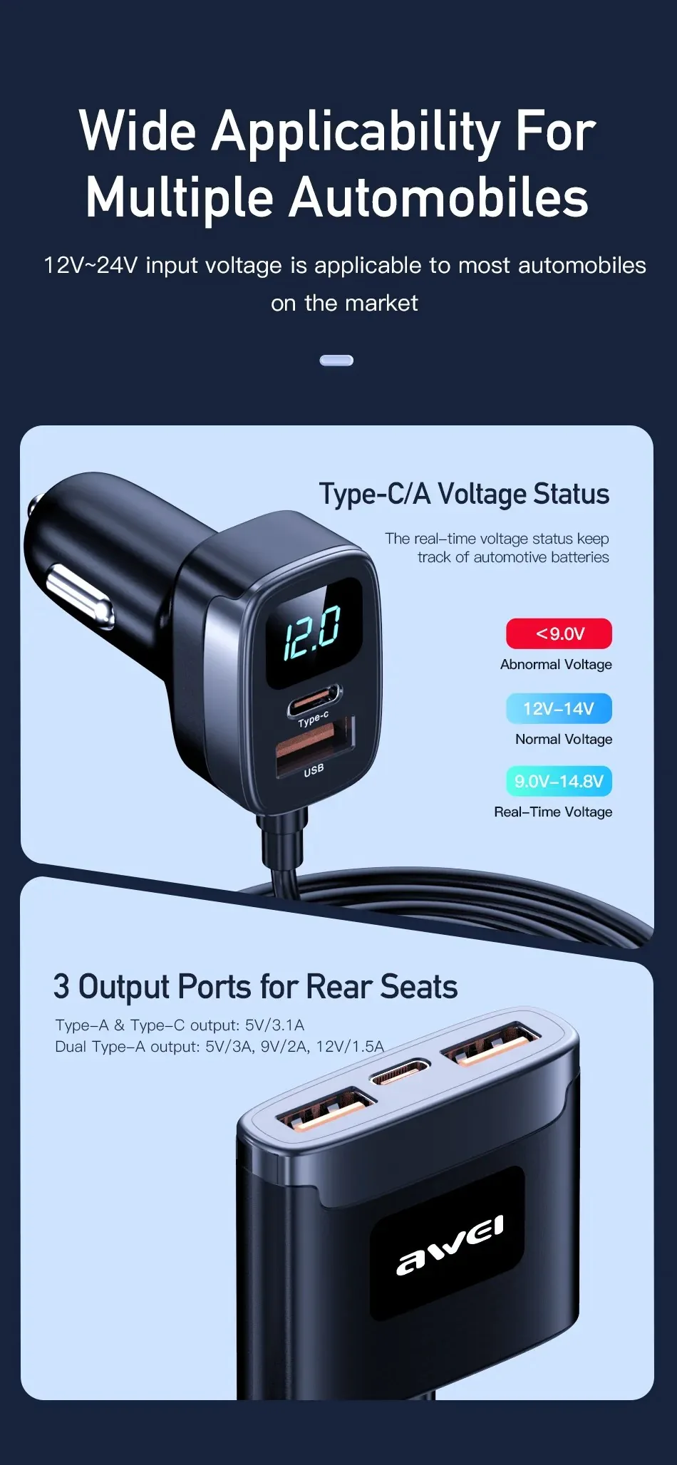 Awei C-853 150cm Front/Rear Car Charger for Sale in Pakistan