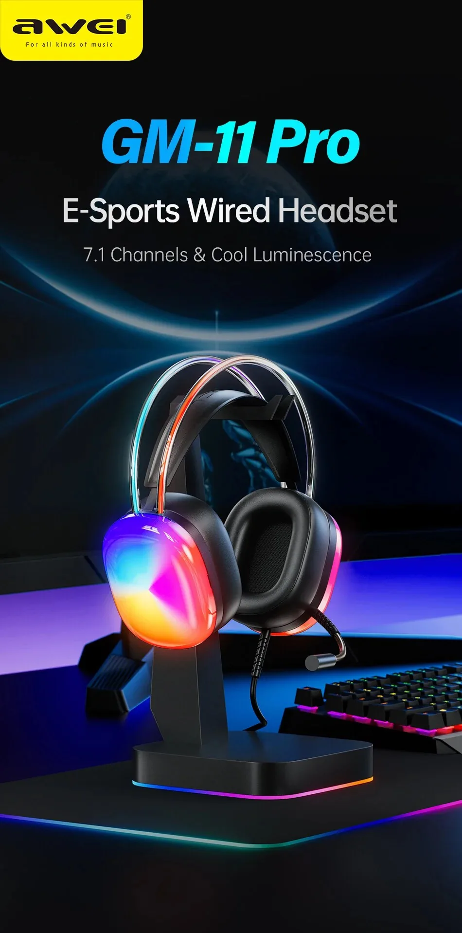 AWEI GM-11pro Colorful Light Gaming Headset – Black for Sale in Pakistan