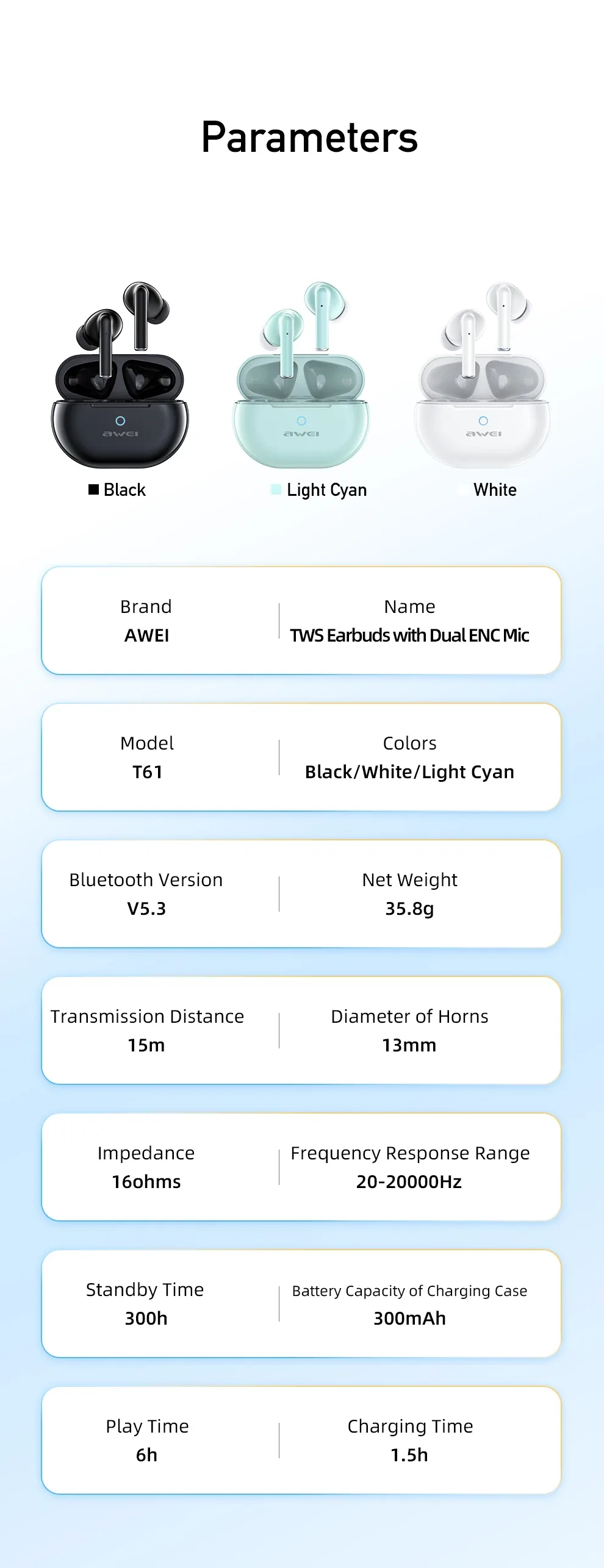 Awei T61 Wireless Noise Cancelling Earbuds for Sale in Pakistan