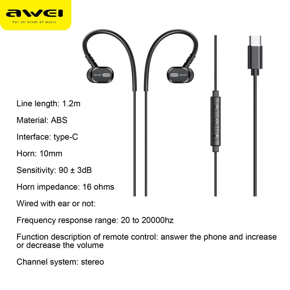 Awei TC-6 Wired Earphone Type-C Handsfree for Sale in Pakistan