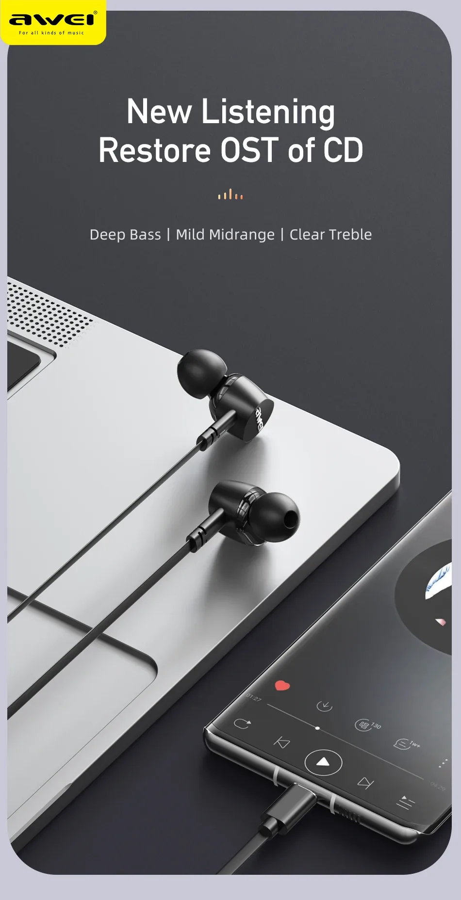 Awei TC-7 Wired Earphone In-ear Type-C Handsfree for Sale in Pakistan