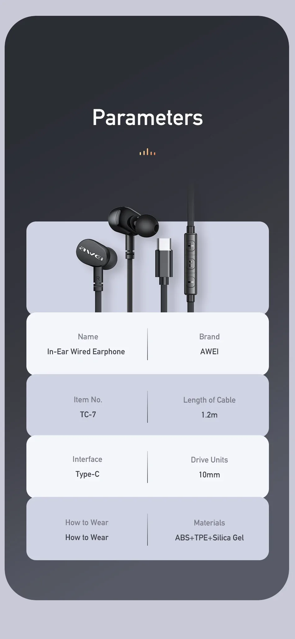 Awei TC-7 Wired Earphone In-ear Type-C Handsfree for Sale in Pakistan