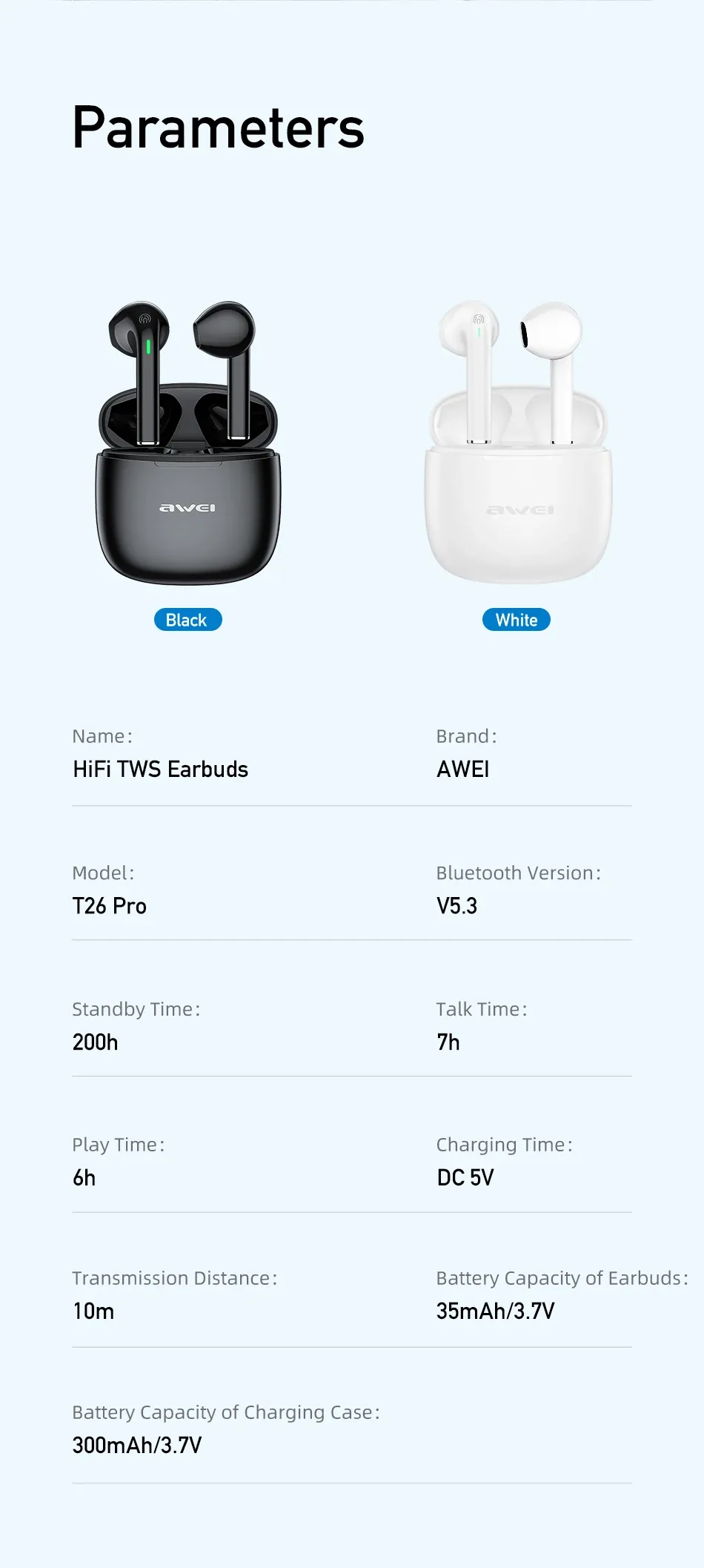 Awei Tws T26 Pro Wireless Bluetooth Earbuds V5.3 for Sale in Pakistan