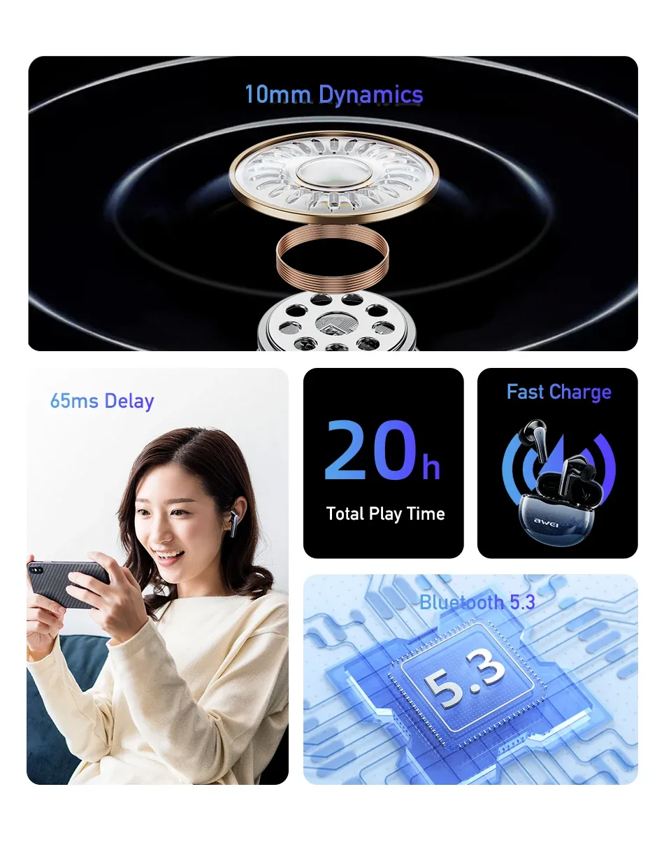 Awei TWS T62 ENC Earphones Bluetooth V5.3 for Sale in Pakistan