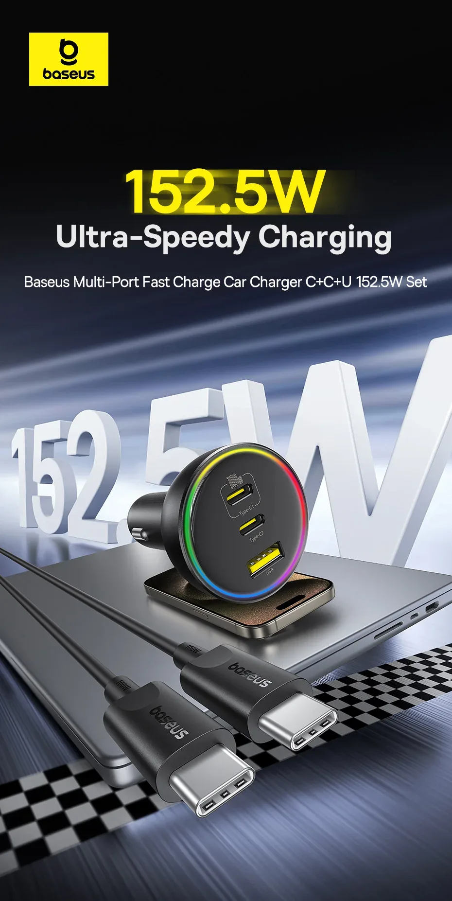 Baseus 152.5W Multi-Port Fast Charge 2C+U Car Charger Cluster Black for Sale in Pakistan