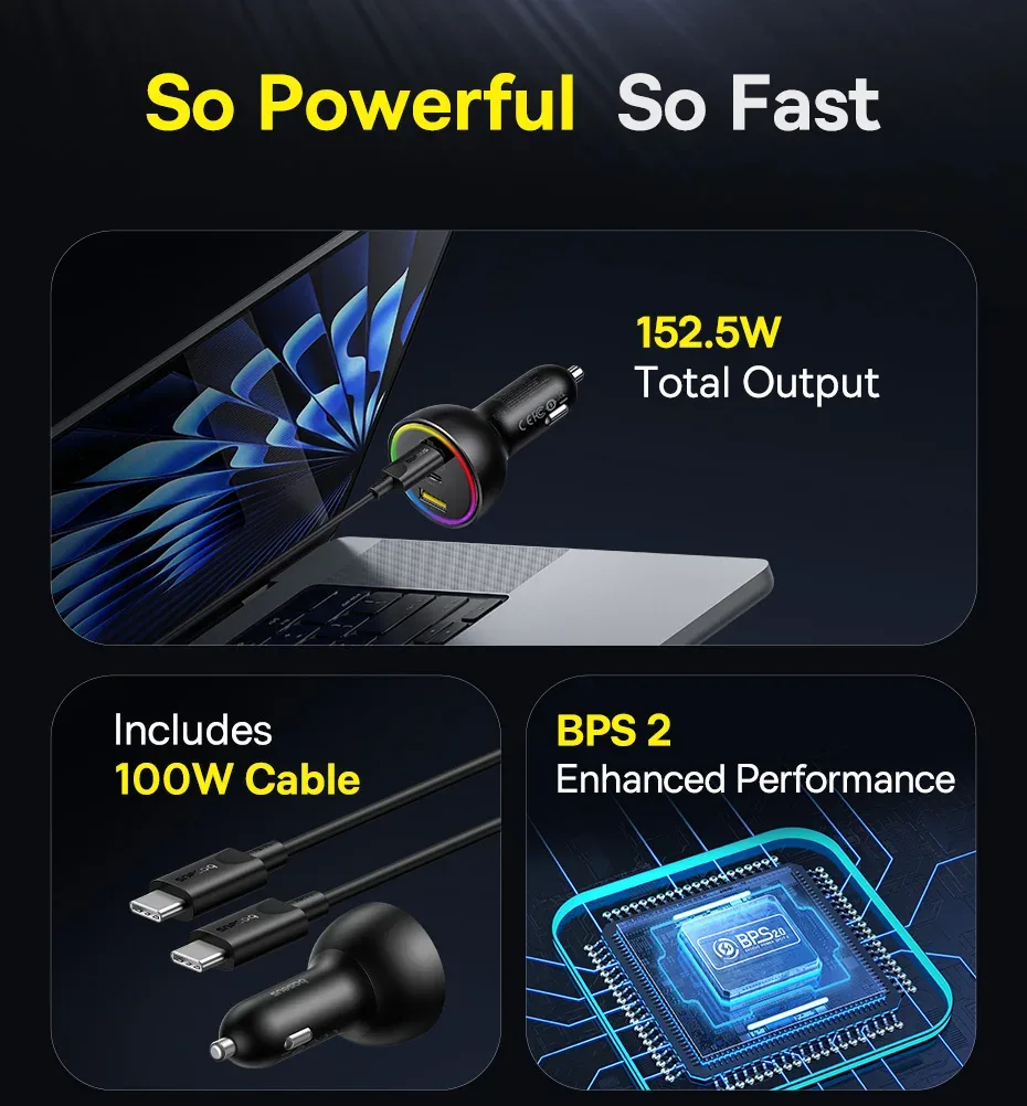 Baseus 152.5W Multi-Port Fast Charge 2C+U Car Charger Cluster Black for Sale in Pakistan