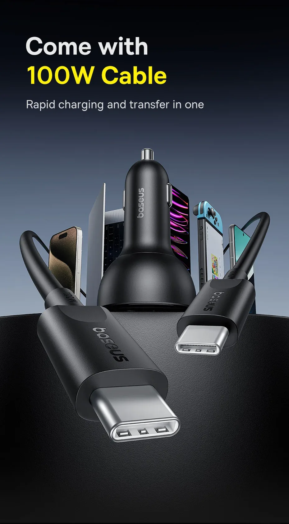 Baseus 152.5W Multi-Port Fast Charge 2C+U Car Charger Cluster Black for Sale in Pakistan