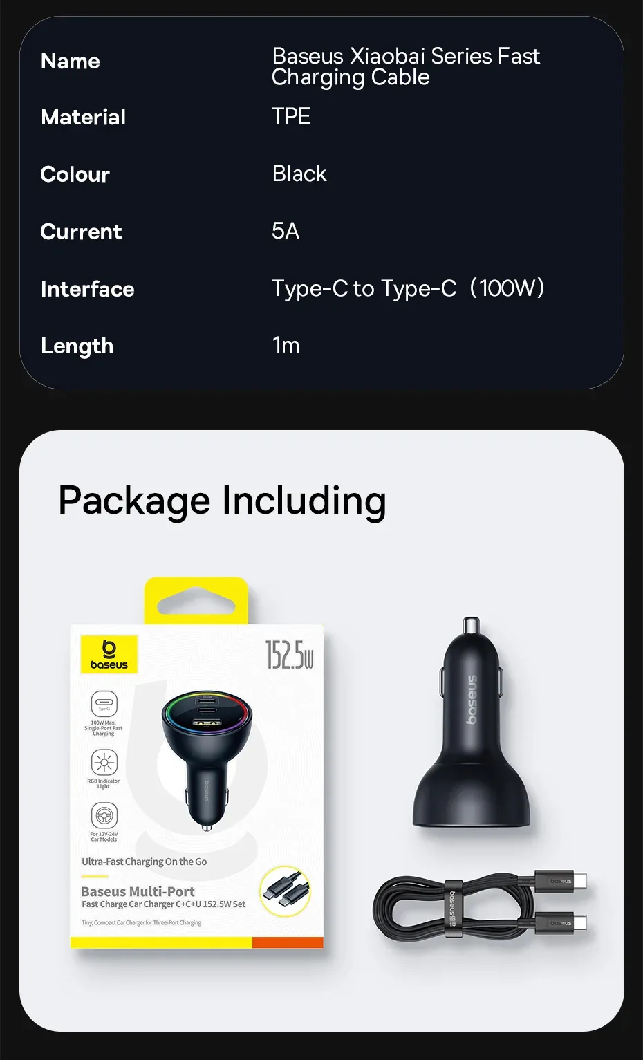 Baseus 152.5W Multi-Port Fast Charge 2C+U Car Charger Cluster Black for Sale in Pakistan