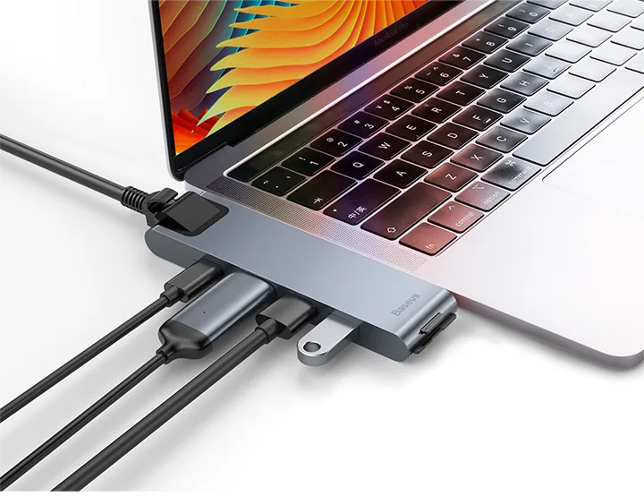Baseus 7-in-1 Dual USB-C Thunderbolt Hub For MacBook Pro-CAHUB-L0G for Sale in Pakistan