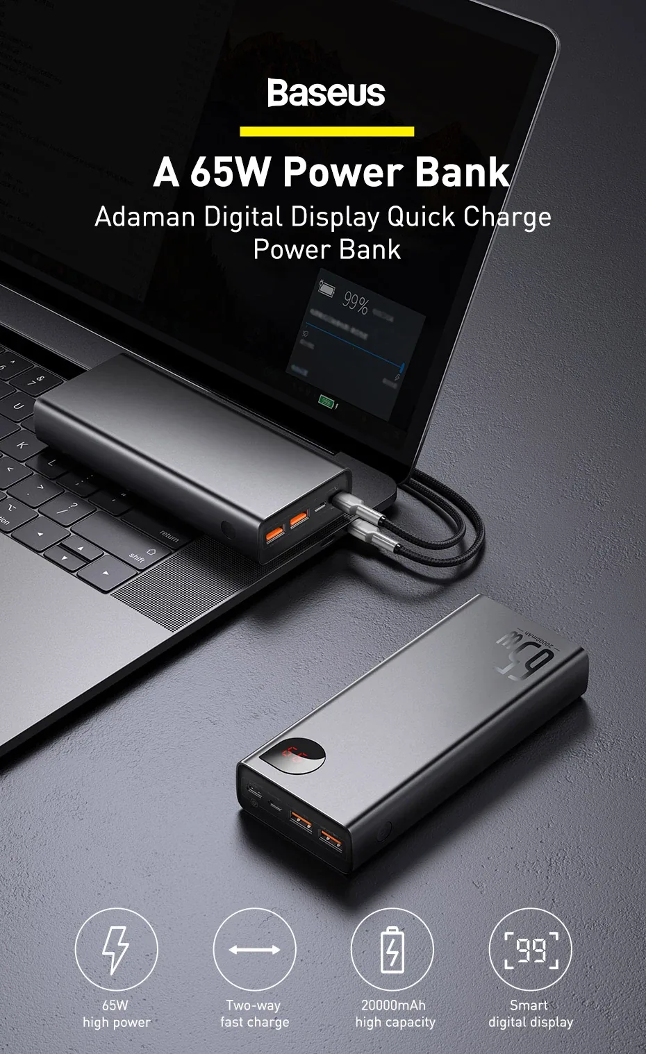 Baseus Adaman Metal Digital Display Quick Charge Power Bank 20000mAh 65W Black for Sale in Pakistan