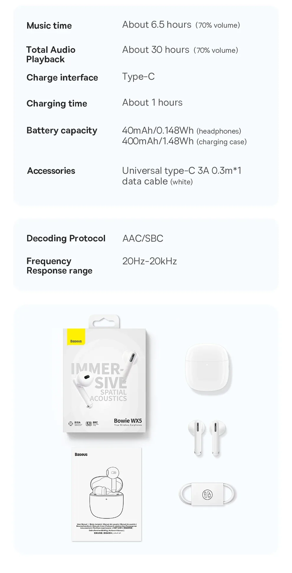 Baseus Bowie WX5 True Wireless Earphones White for Sale in Pakistan