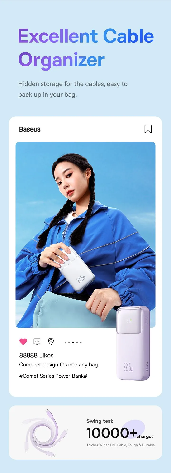 Baseus Comet Series Dual-Cable Digital Display Fast Charge Power Bank 20000mAh 22.5W Black for Sale in Pakistan