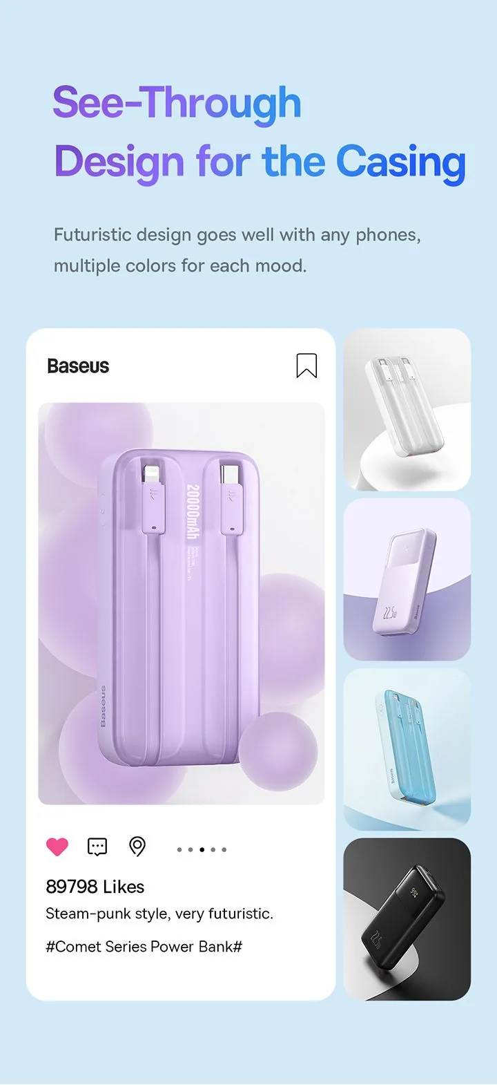 Baseus Comet Series Dual-Cable Digital Display Fast Charge Power Bank 20000mAh 22.5W Black for Sale in Pakistan