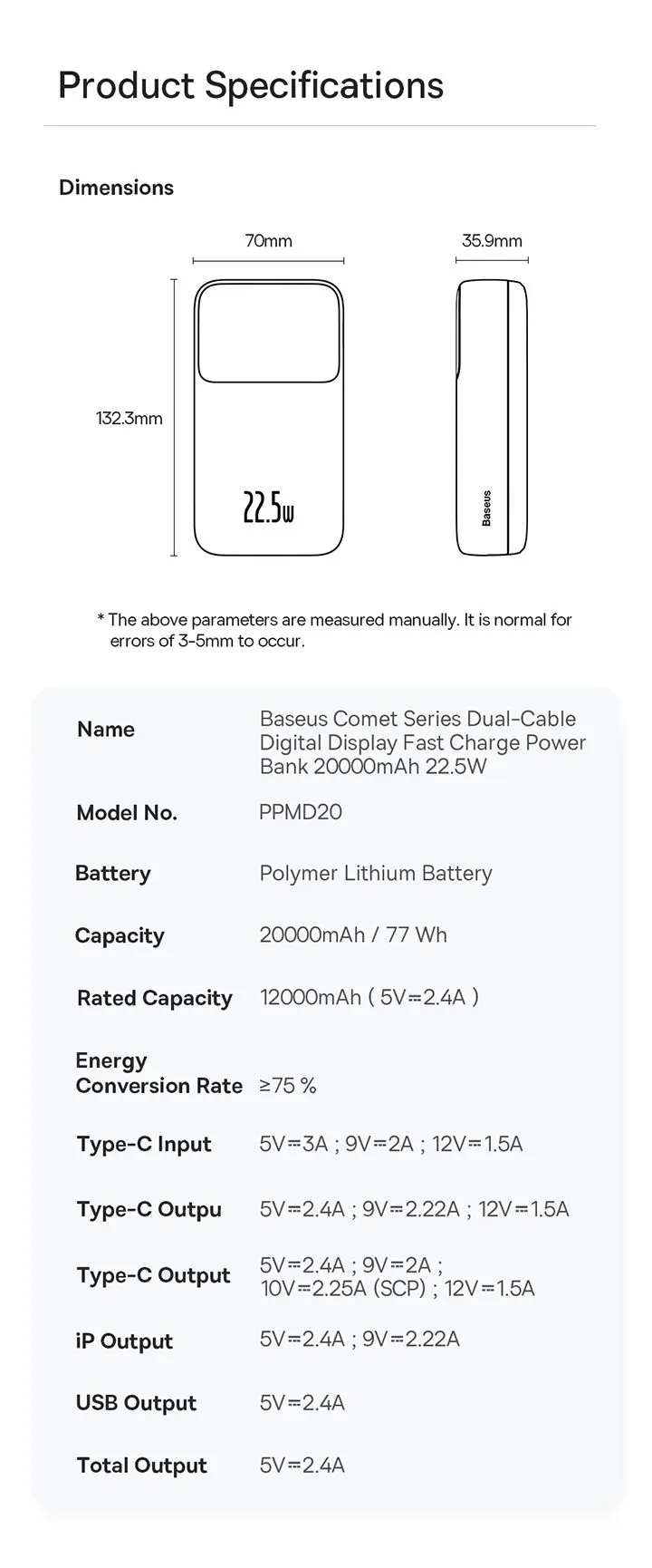 Baseus Comet Series Dual-Cable Digital Display Fast Charge Power Bank 20000mAh 22.5W Black for Sale in Pakistan