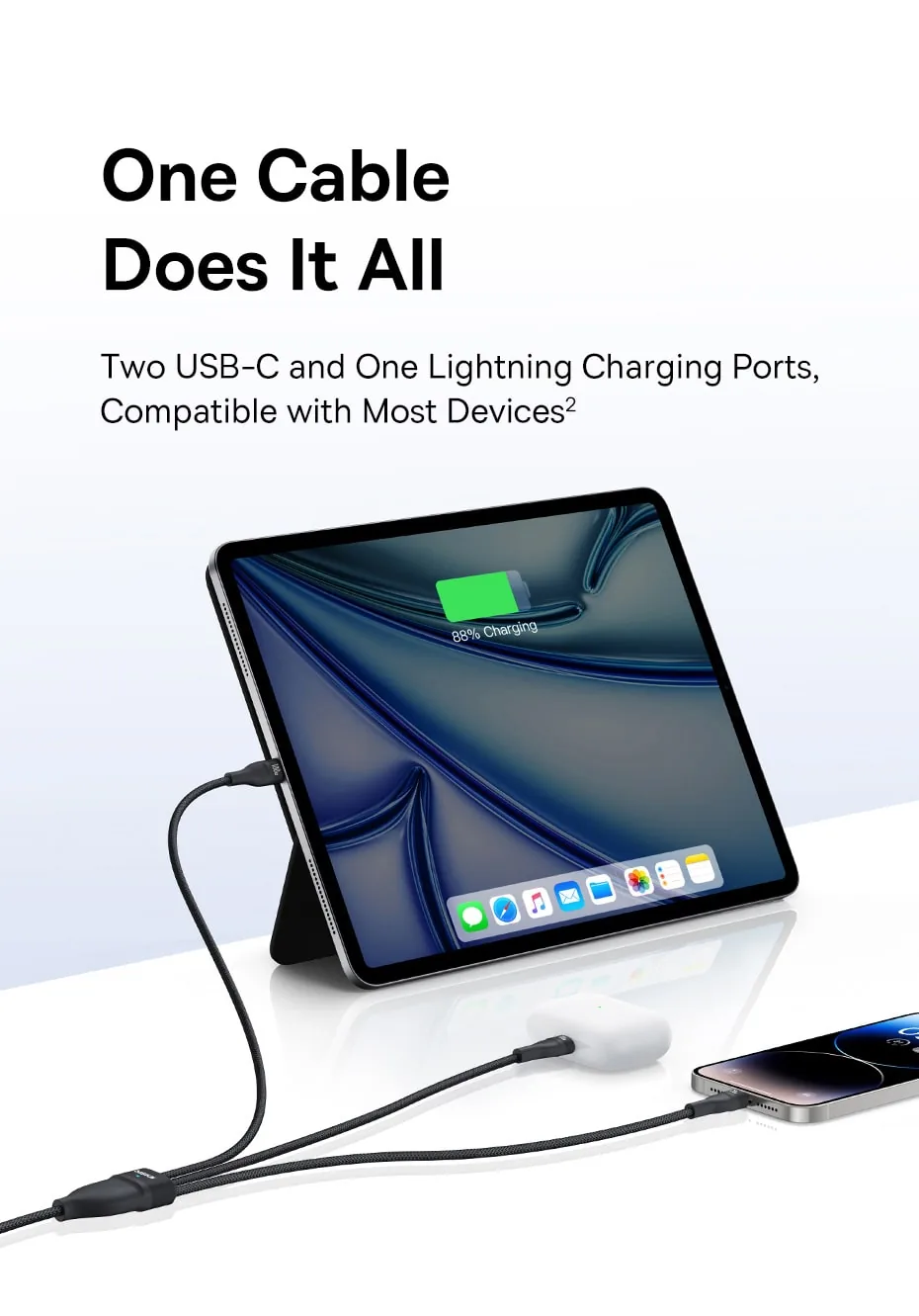 Baseus Flash Series 3 One-for-three Fast Charging Cable Type-C To C++C+L 100W for Sale in Pakistan