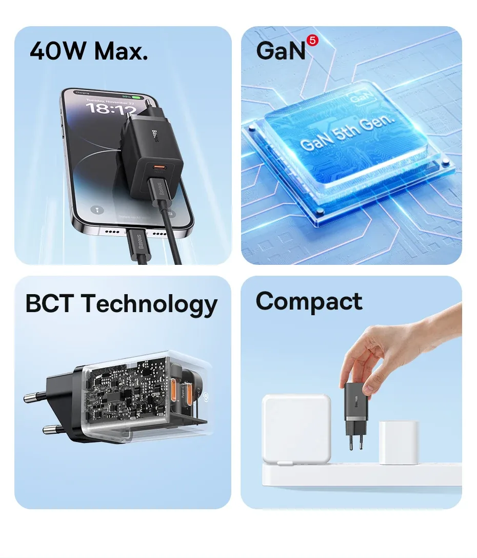 Baseus GaN5 Pro Fast Charger C+C 40W EU Black for Sale in Pakistan