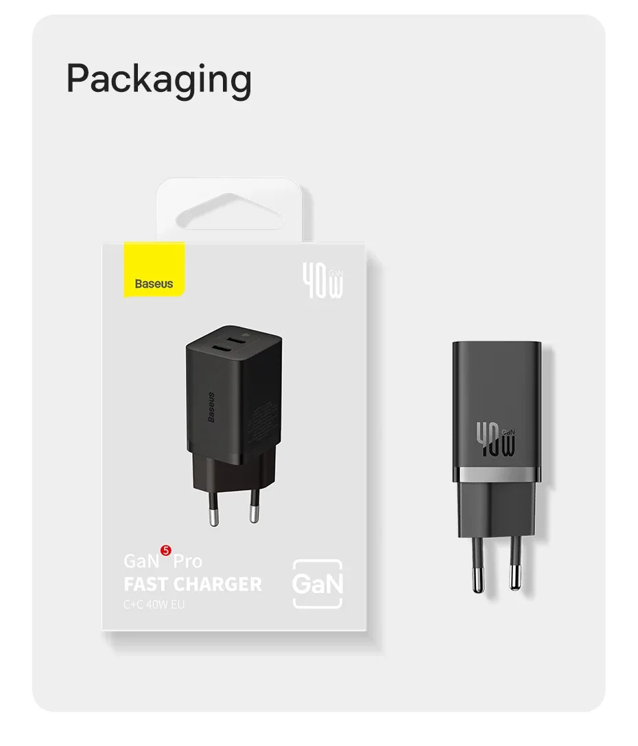 Baseus GaN5 Pro Fast Charger C+C 40W EU Black for Sale in Pakistan
