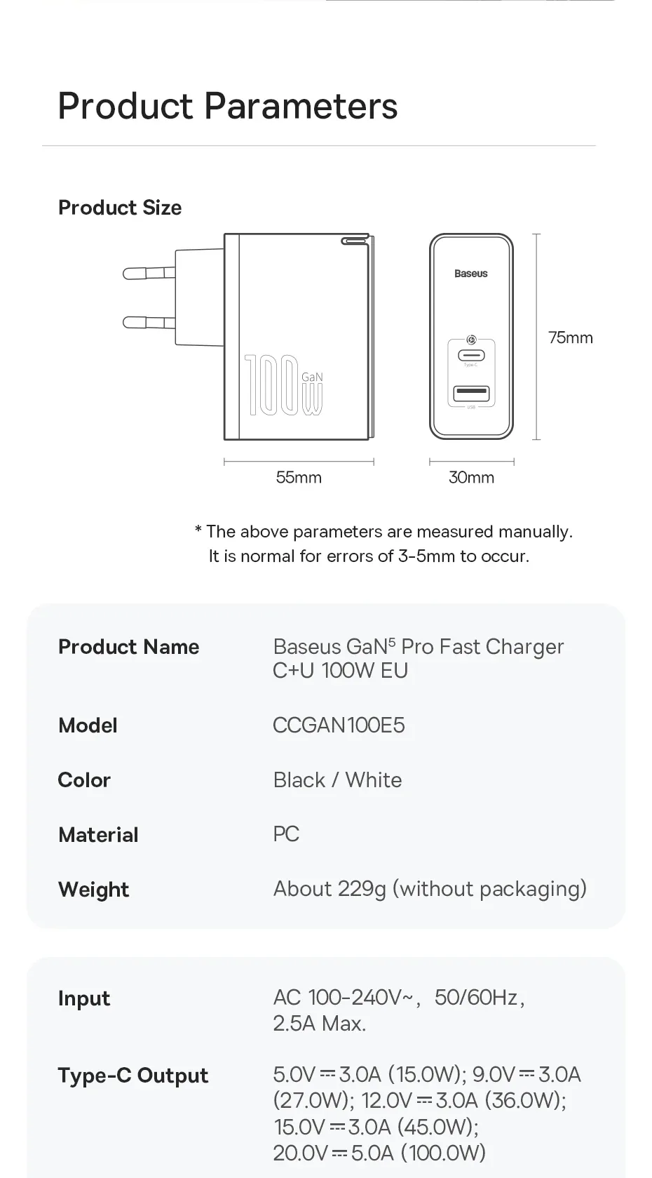 Baseus GaN5 Pro Fast Charger C+U 100W EU Black for Sale in Pakistan