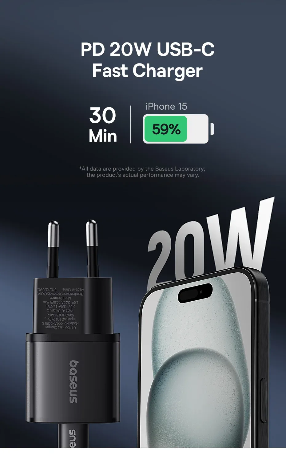 Baseus GaN5S Fast Charger 1C 20W EU Cluster Black for Sale in Pakistan