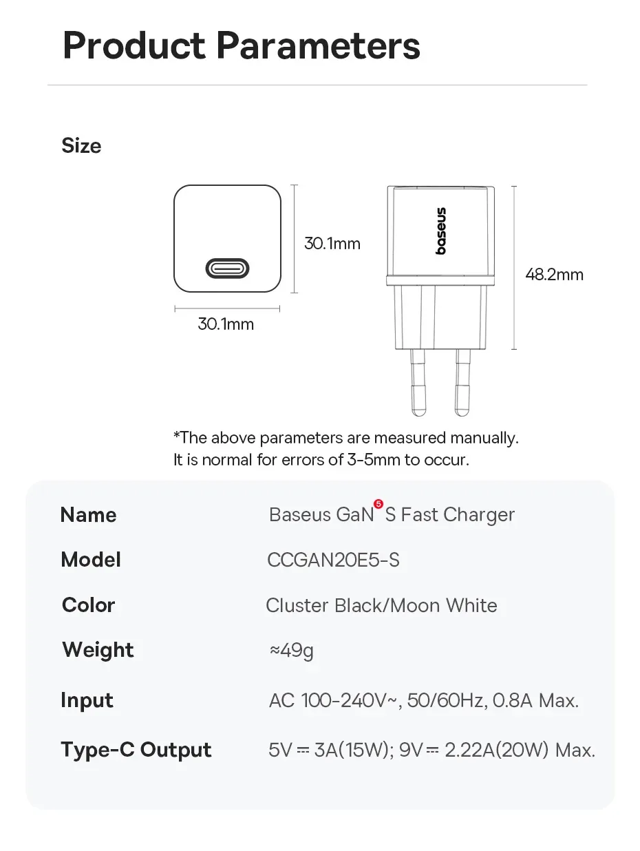 Baseus GaN5S Fast Charger 1C 20W EU Cluster Black for Sale in Pakistan