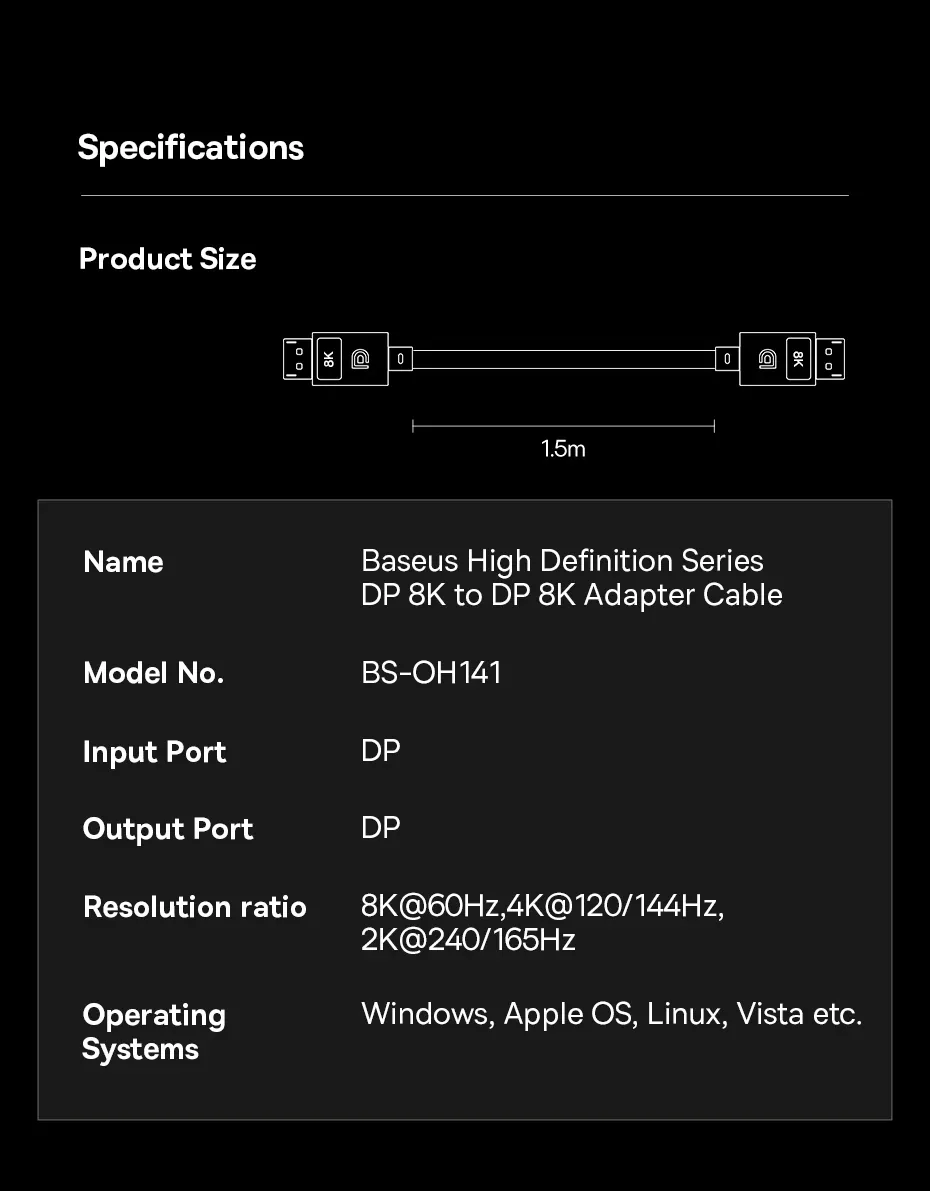 Baseus High Definition Series 8K DP to DP Adapter Cable for Sale in Pakistan