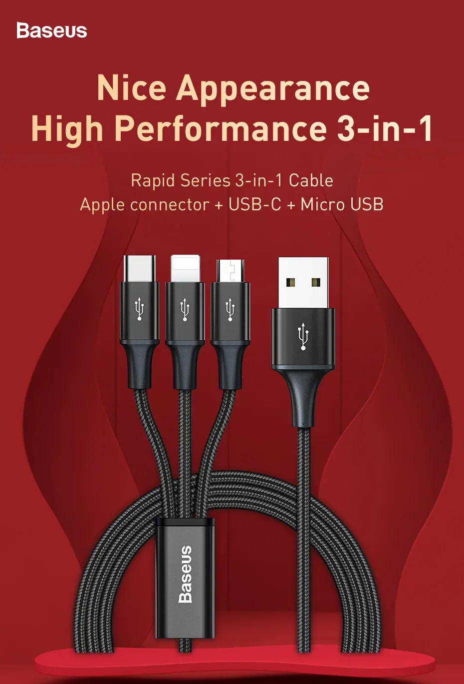 Baseus Rapid Series USB 3-in-1 Cable For IP+Micro+Type-C for Sale in Pakistan
