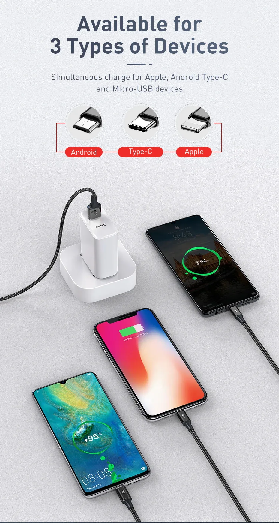 Baseus Rapid Series USB 3-in-1 Cable For IP+Micro+Type-C for Sale in Pakistan