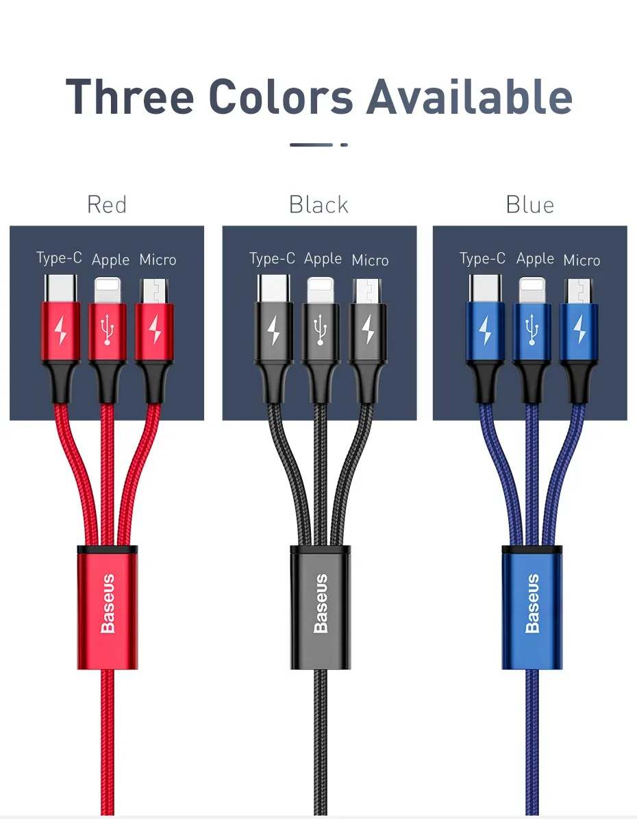 Baseus Rapid Series USB 3-in-1 Cable For IP+Micro+Type-C for Sale in Pakistan