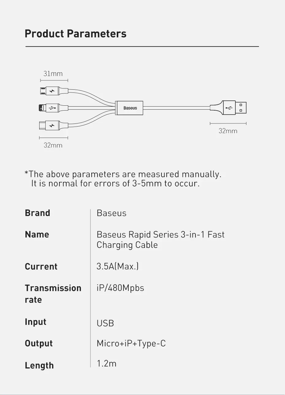 Baseus Rapid Series USB 3-in-1 Cable For IP+Micro+Type-C for Sale in Pakistan
