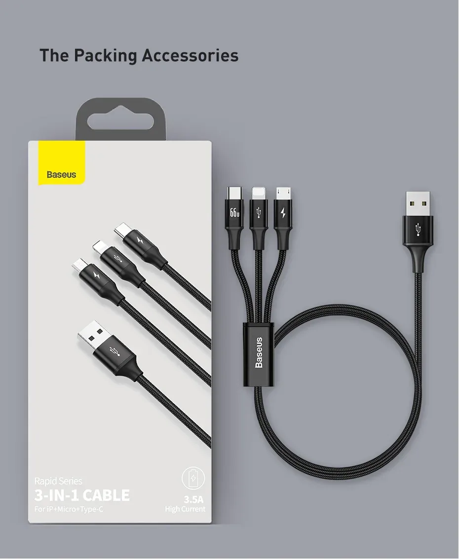 Baseus Rapid Series USB 3-in-1 Cable For IP+Micro+Type-C for Sale in Pakistan