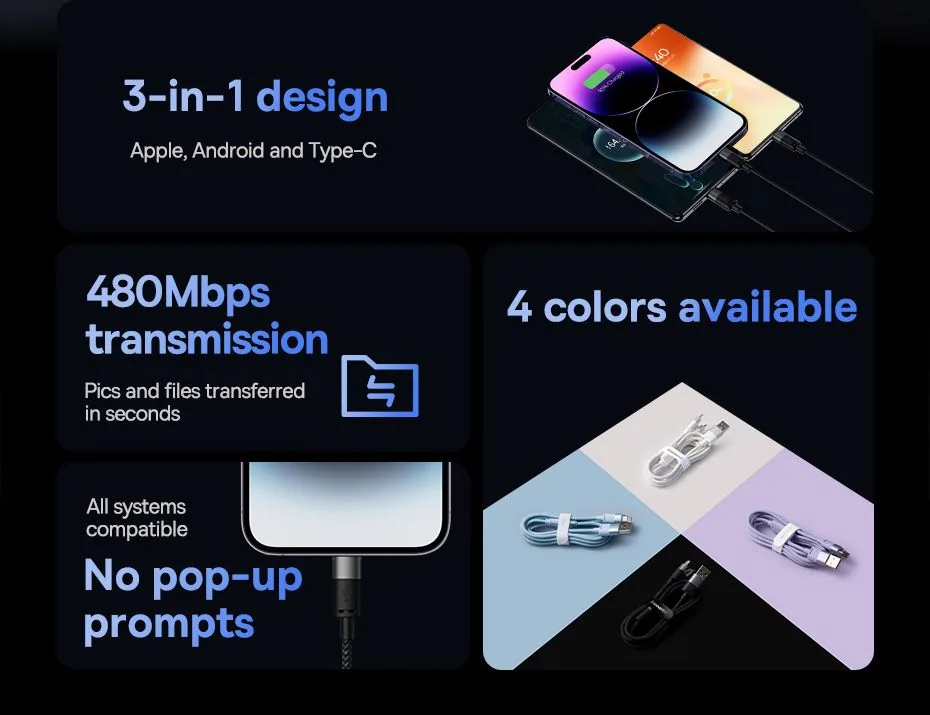 Baseus StarSpeed Series 3-in-1 USB cable – Black for Sale in Pakistan