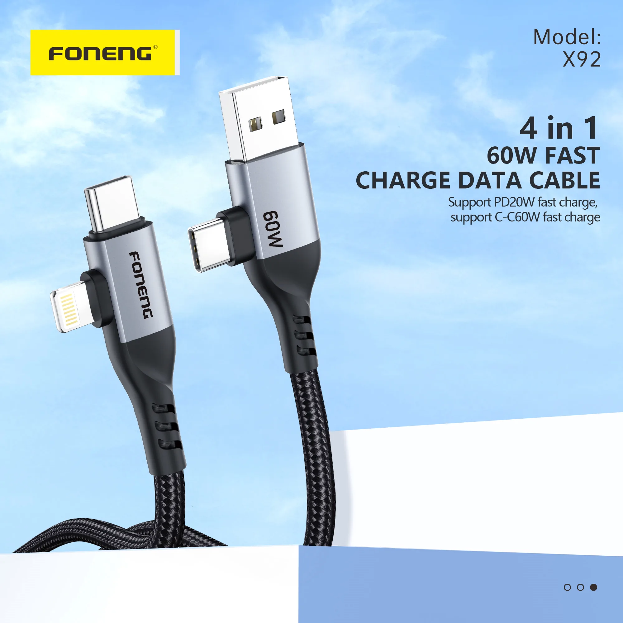 Foneng X92 4-in-1 Metal Head Braided Cable (60W,1Meter) for Sale in Pakistan