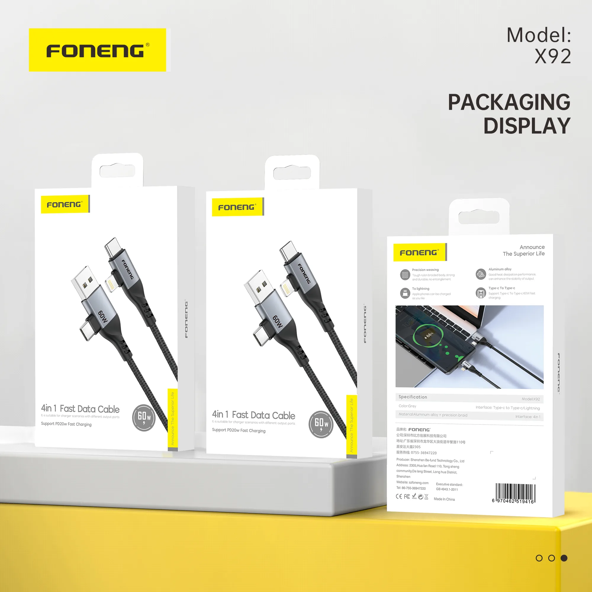 Foneng X92 4-in-1 Metal Head Braided Cable (60W,1Meter) for Sale in Pakistan