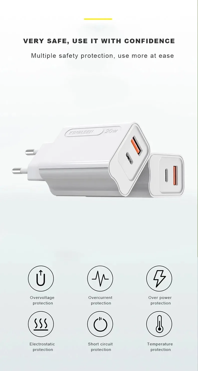 Kingleen Dual Port Fast Charger 20W PD+USB 3.0 E30 for Sale in Pakistan