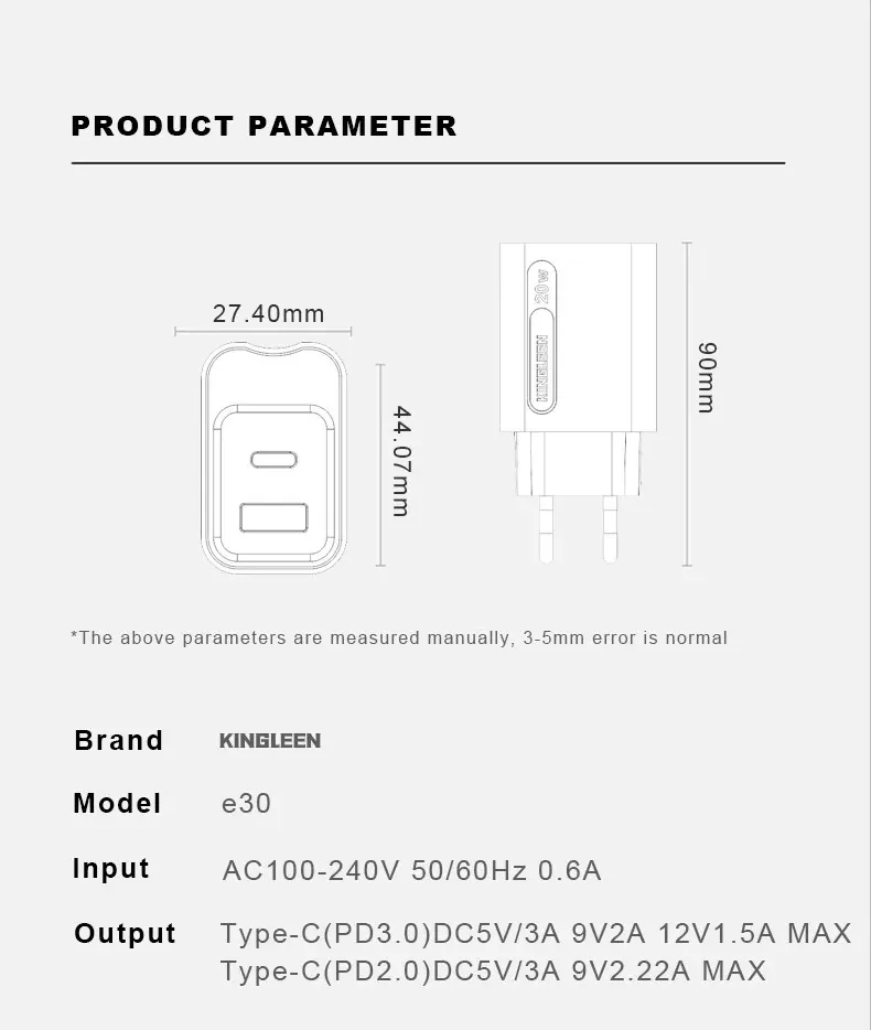 Kingleen Dual Port Fast Charger 20W PD+USB 3.0 E30 for Sale in Pakistan