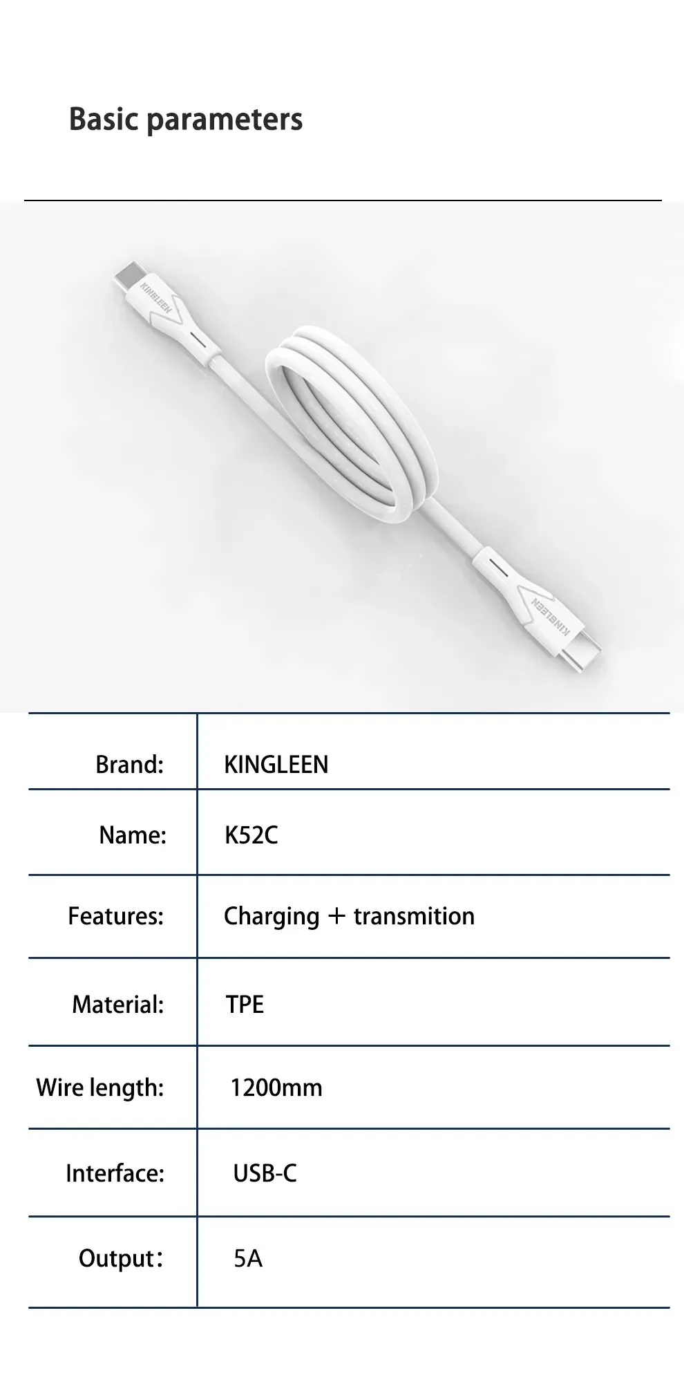 KINGLEEN TYPE C TO TYPE C 5A DATA CABLE K52C 1.2meters for Sale in Pakistan