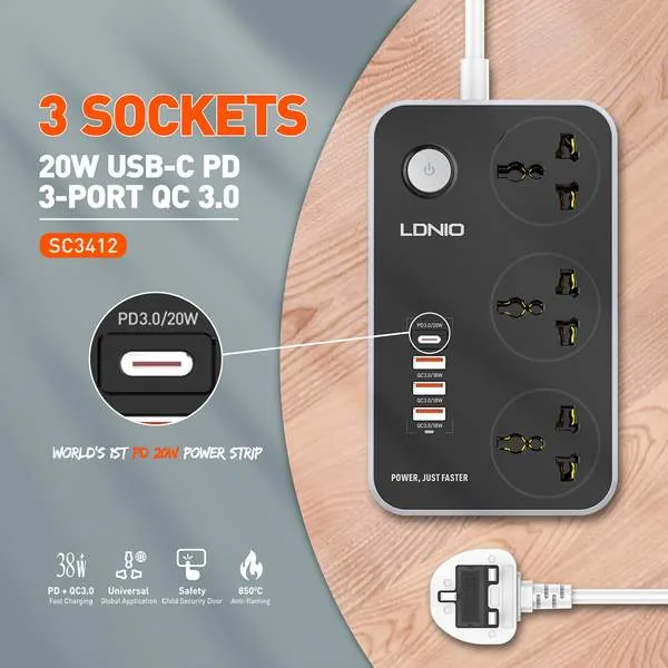 LDNIO SC3412 Fast Charging Power Extension 1xUSB-C PD & USB-A QC 3.0 Ports With 2m Power Cord for Sale in Pakistan