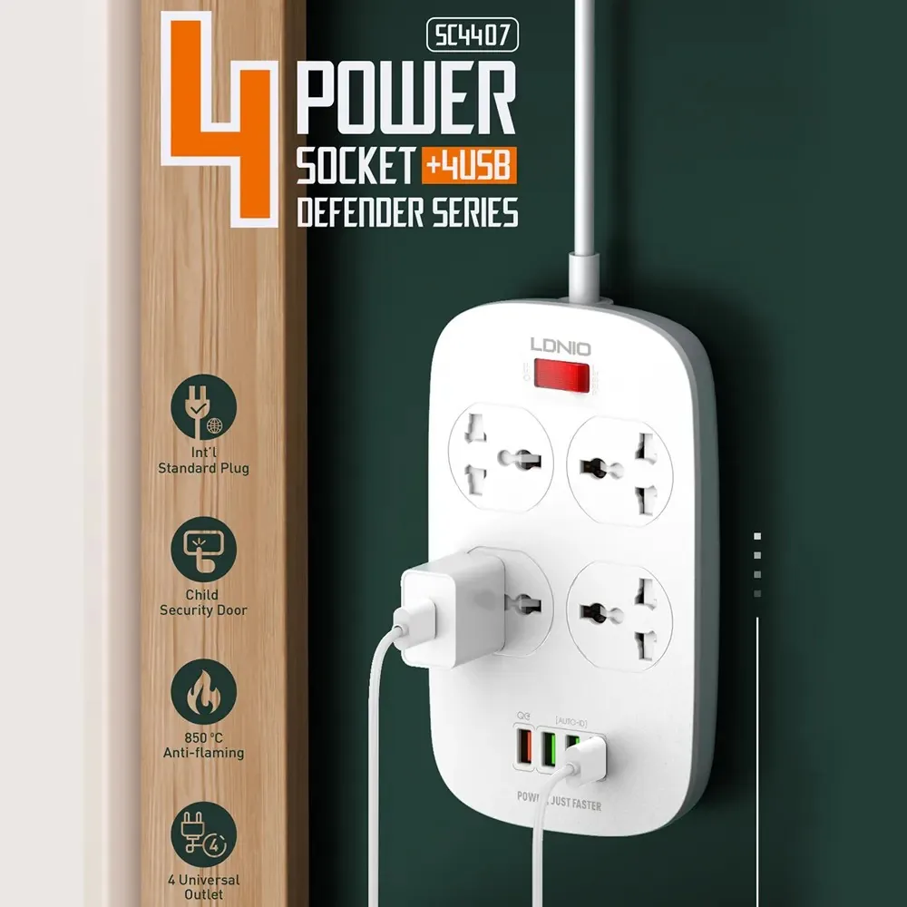 LDNIO SC4407 Heavy Duty Power Socket Extension 4 Power Plug Socket & 4-USB Port with 2M Cord for Sale in Pakistan