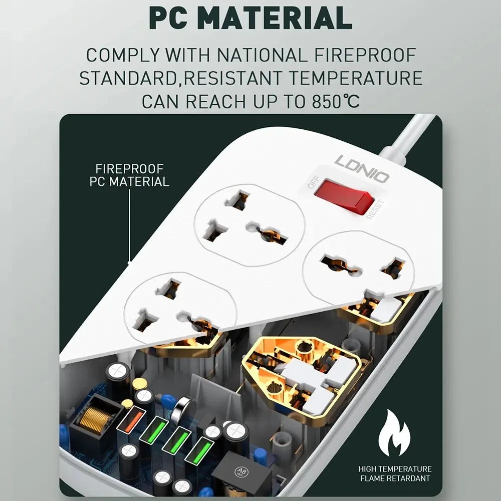 LDNIO SC4407 Heavy Duty Power Socket Extension 4 Power Plug Socket & 4-USB Port with 2M Cord for Sale in Pakistan