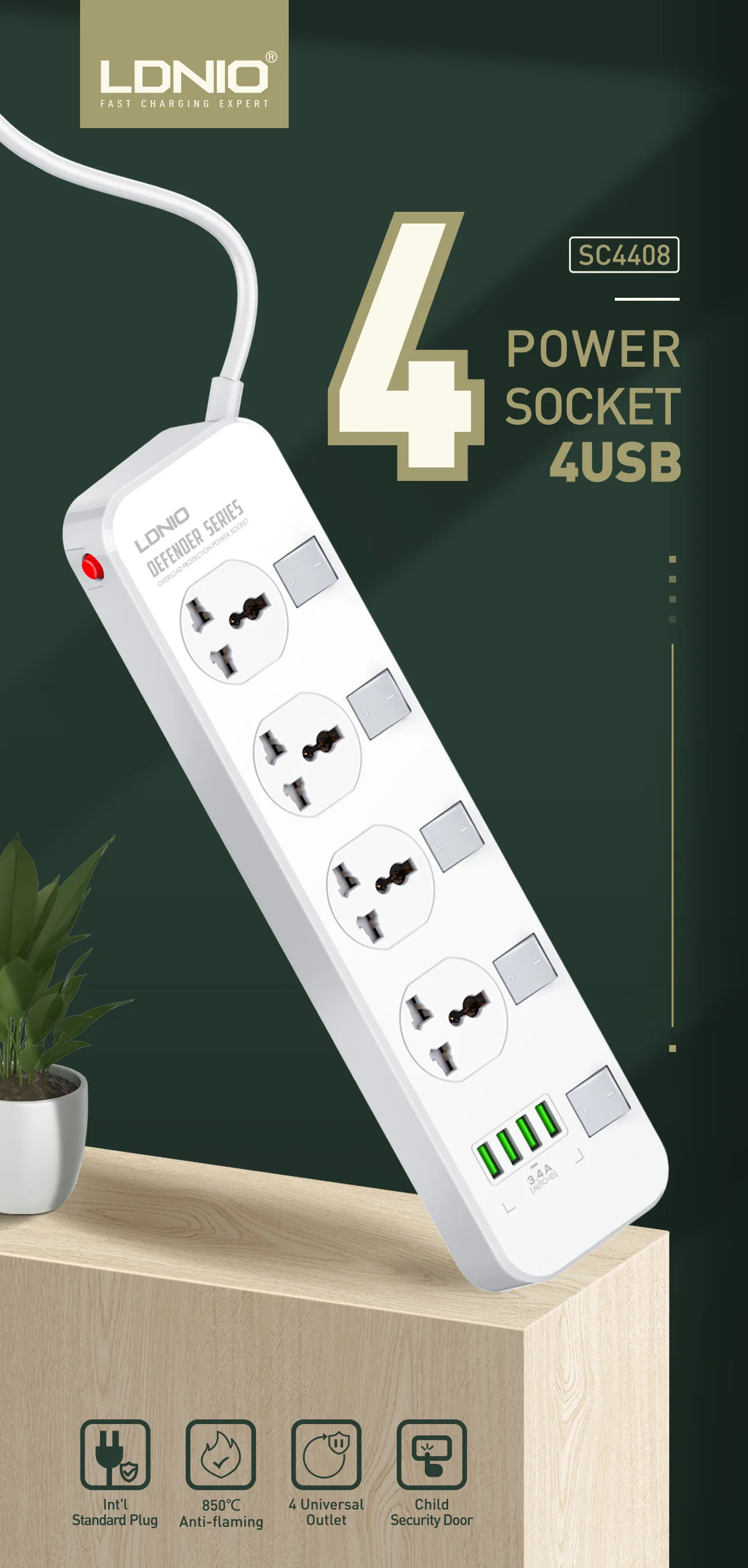 LDNIO SC4408 Power Socket Extension 4 Power Sockets & 4 USB-A With 2m Power Cord for Sale in Pakistan