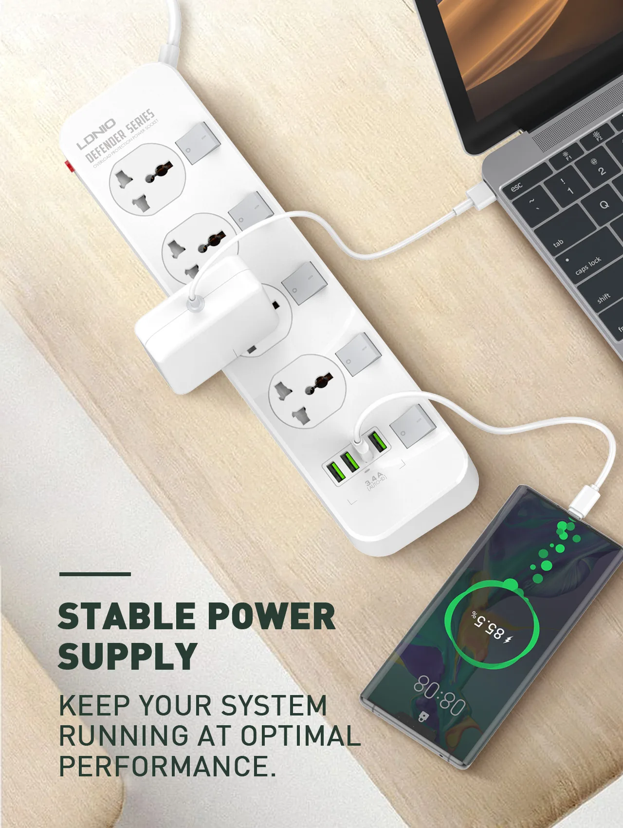 LDNIO SC4408 Power Socket Extension 4 Power Sockets & 4 USB-A With 2m Power Cord for Sale in Pakistan