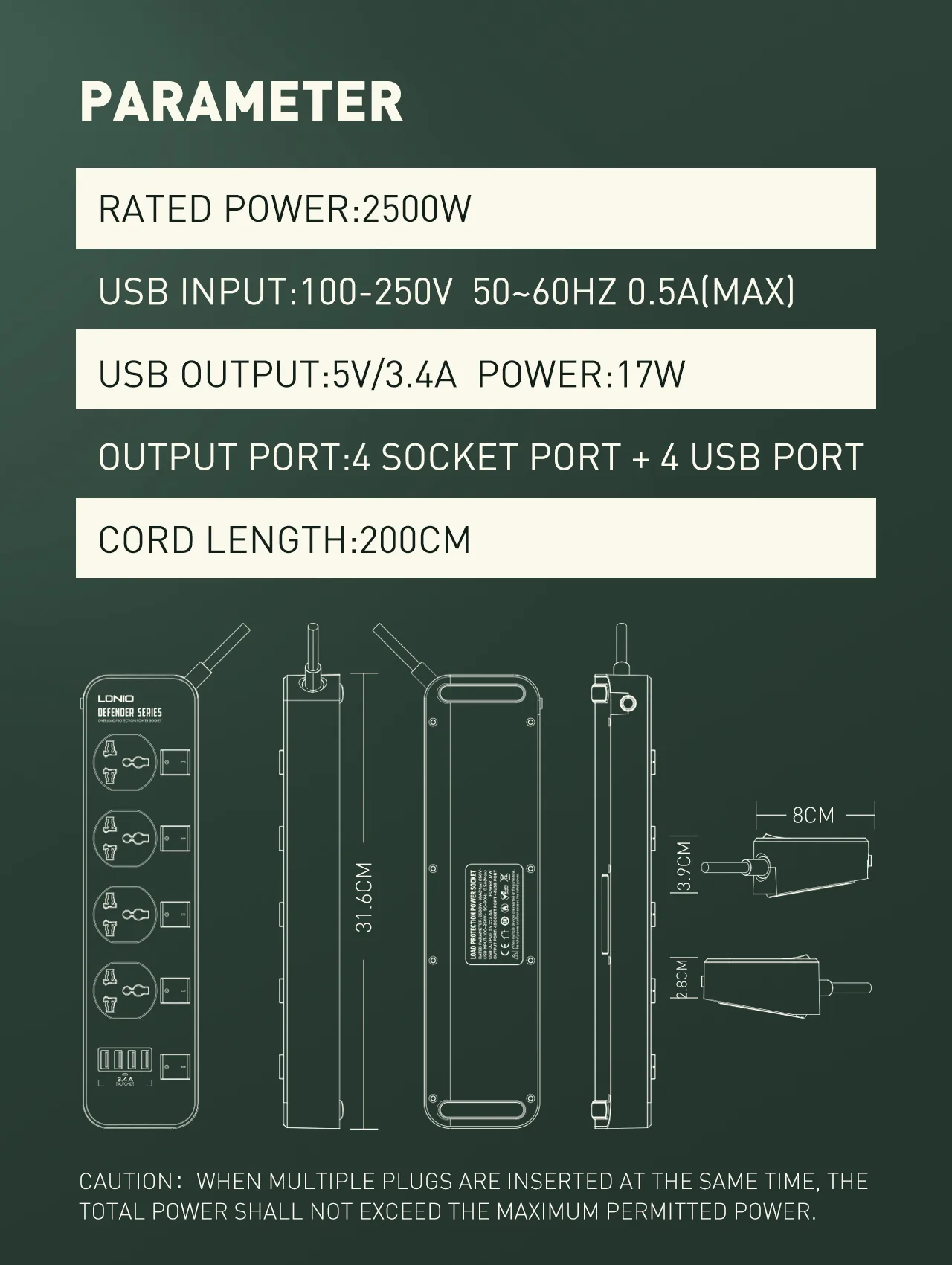 LDNIO SC4408 Power Socket Extension 4 Power Sockets & 4 USB-A With 2m Power Cord for Sale in Pakistan