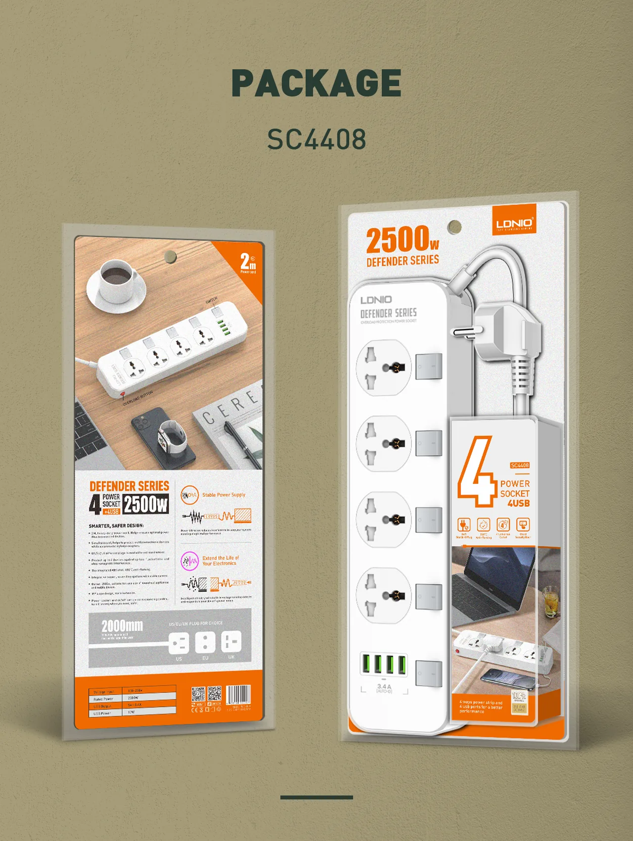 LDNIO SC4408 Power Socket Extension 4 Power Sockets & 4 USB-A With 2m Power Cord for Sale in Pakistan