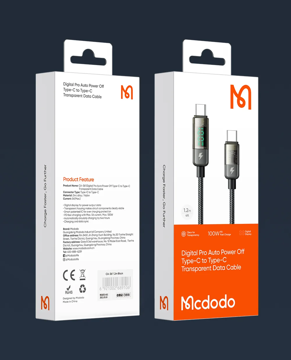 Mcdodo CA-3611 Type-C To Type-C 100W Digital Display Charging Data Cable for Sale in Pakistan