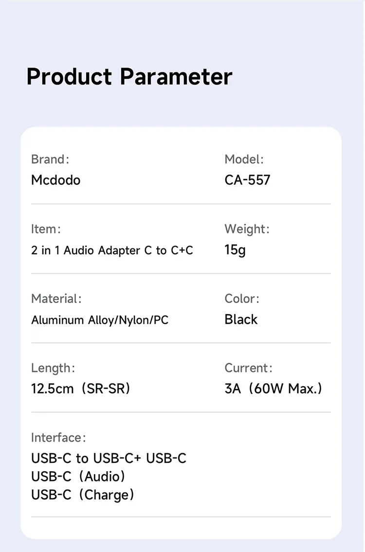 MCDODO CA-5570 2 IN 1 USB-C TO DUAL USB-C AUDIO ADAPTER for Sale in Pakistan