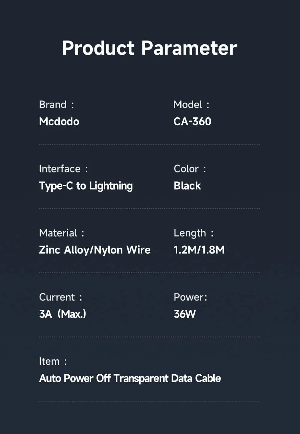Mcdodo Digital Display Type-C To Lightning 1.8M Auto Power Off 36W PD Charging & data sync Cable for Sale in Pakistan