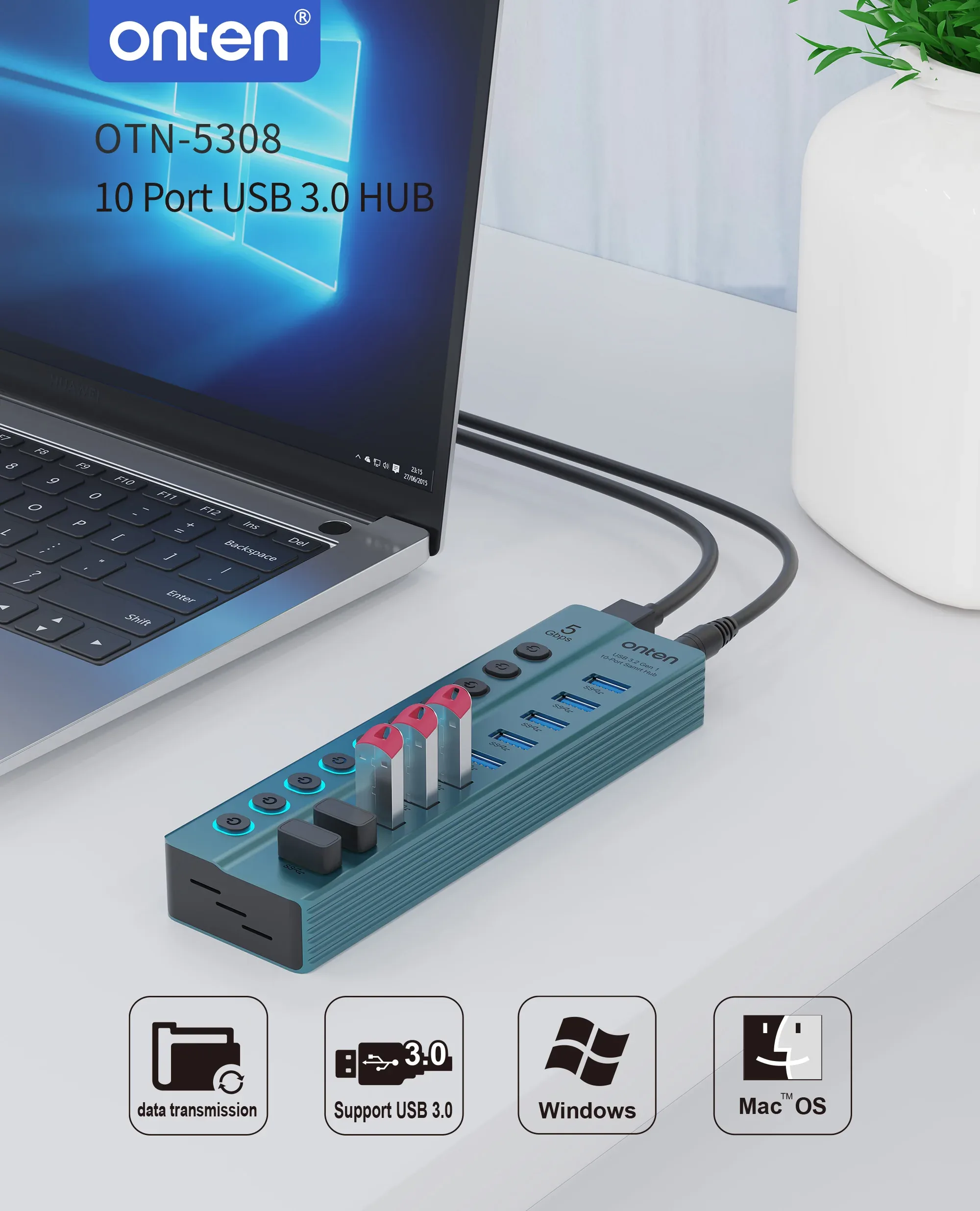 Onten USB 3.2 Gen 1 10-Port USB Hub OTN-5308 for Sale in Pakistan
