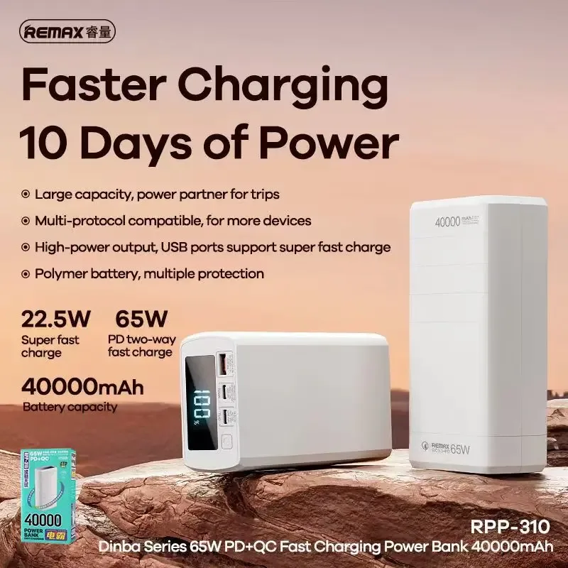 REMAX Dinba Series 40000mAh 65W PD+QC Fast Charging Power Bank (RPP-310) for Sale in Pakistan