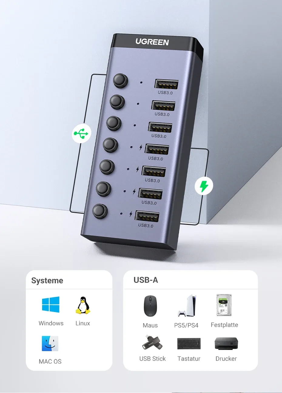 UGREEN 90307 10X Faster USB-C to 7-Port USB-A 3.0 Hub, Both are Data Transfer & Charging UPTO 7.5W for Sale in Pakistan