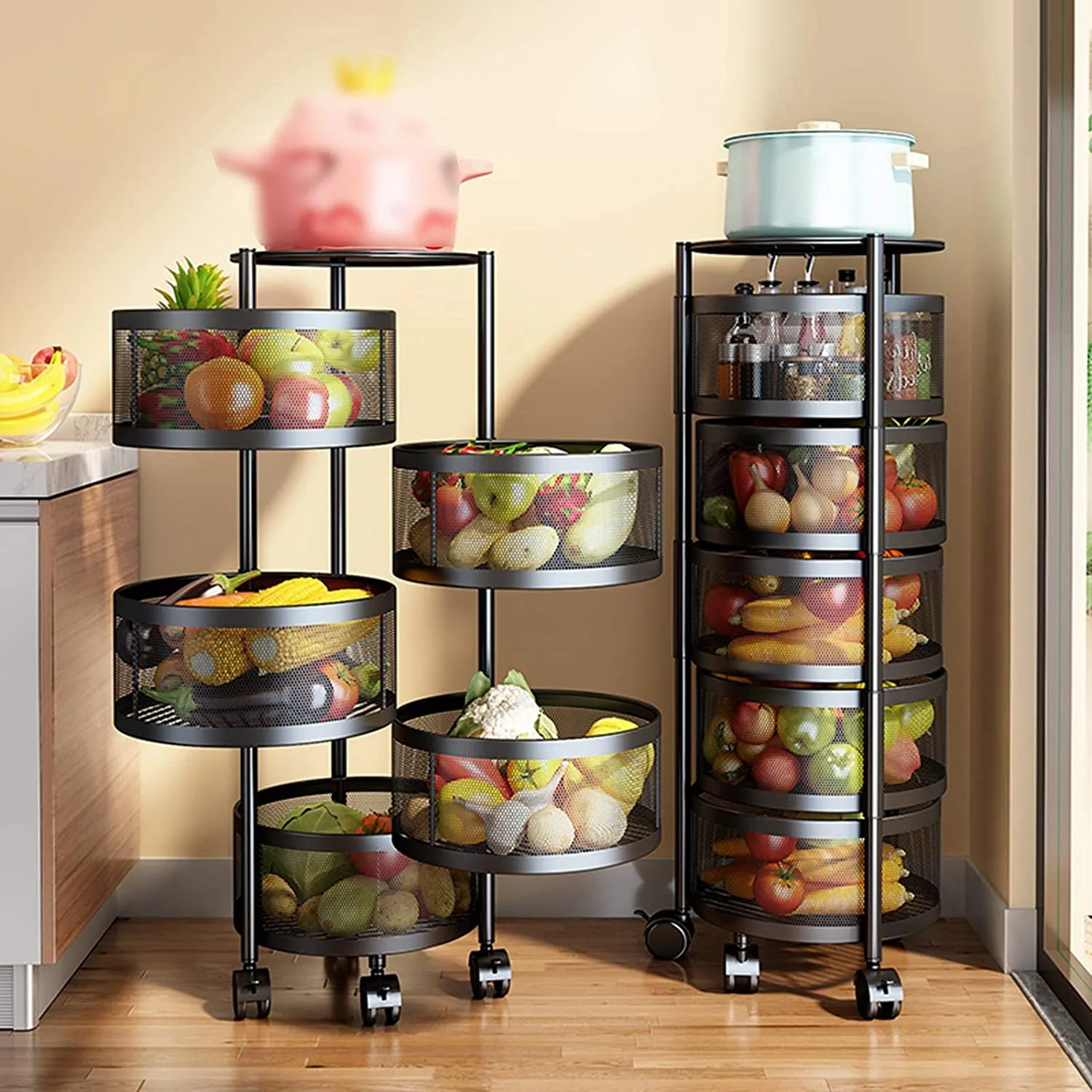 3/4/5 Layer Kitchen Storage Basket Drawer Type Round Shape Rotatable Trolley Rolling Cart Floor-Standing Vegetables Fruit Rack , 3/4/5 Layer Kitchen Storage Basket Drawer Type Round Shape Rotatable Trolley Rolling Cart Floor-Standing Vegetables Fruit Rack